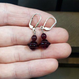 925 Sterling Silver Dark Red Glass Dangle Earrings